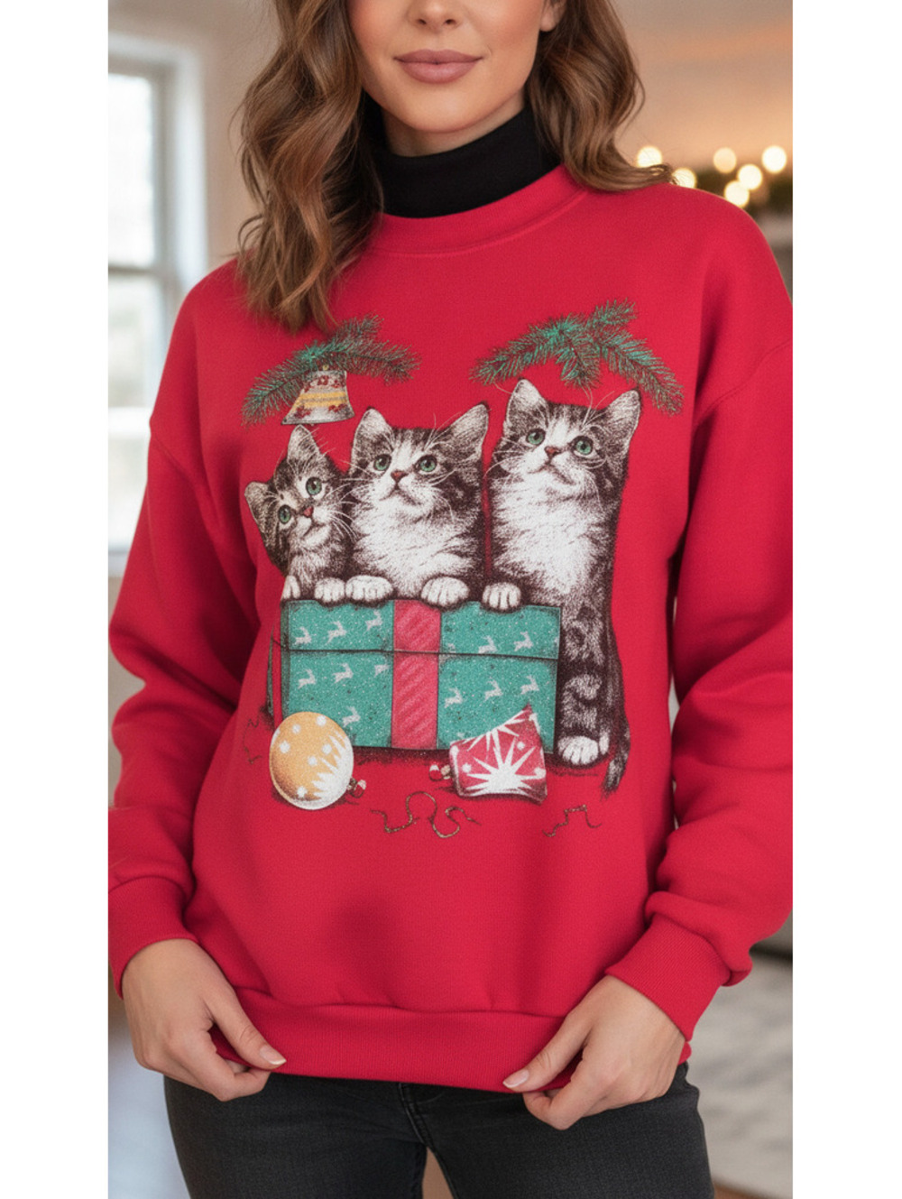Vintage Tultex Red Christmas Sweatshirt, Mock Turtleneck, Kittens, Size L - Cozy